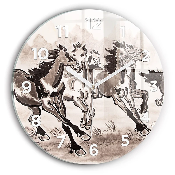 Wanduhr glas rund Galoppierende Pferde