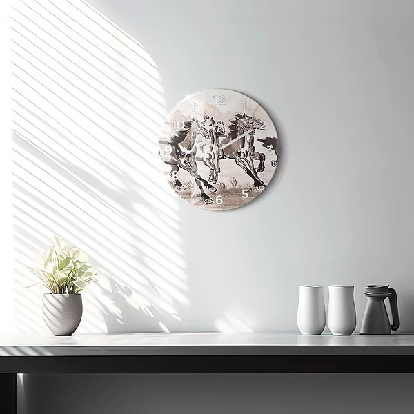 Wanduhr glas rund Galoppierende Pferde
