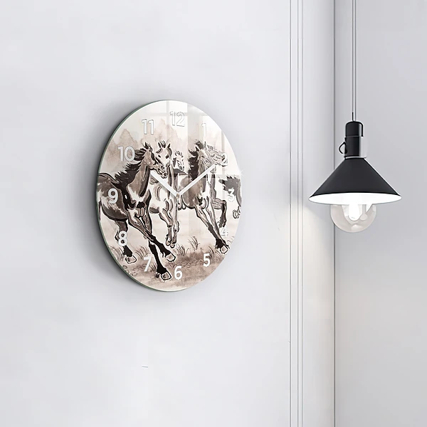 Wanduhr glas rund Galoppierende Pferde