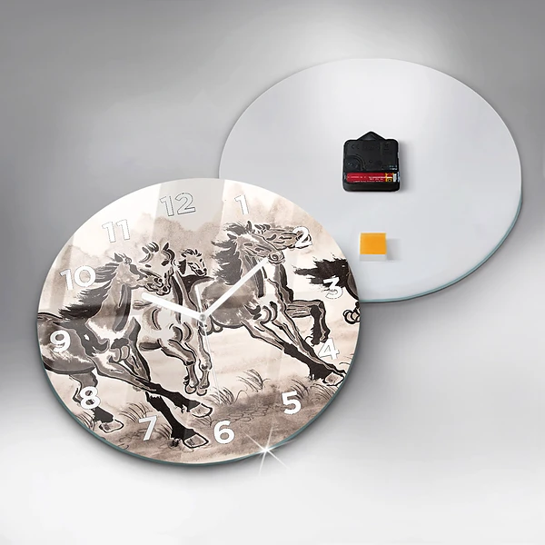 Wanduhr glas rund Galoppierende Pferde