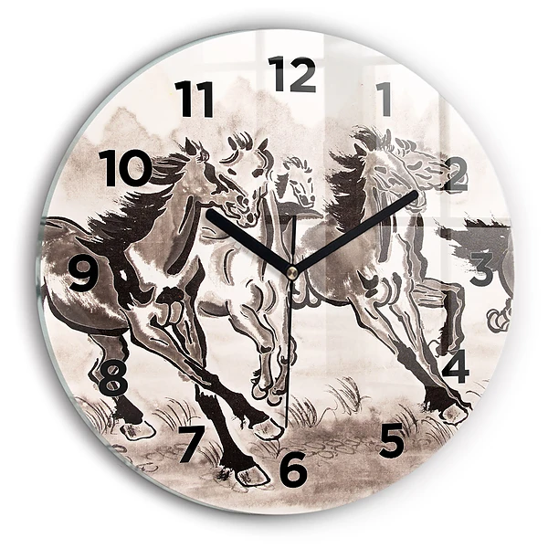 Wanduhr glas rund Galoppierende Pferde
