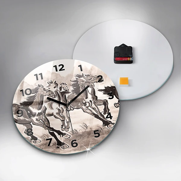 Wanduhr glas rund Galoppierende Pferde