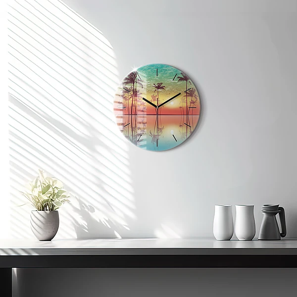 Wanduhr rund Tropische Palmen