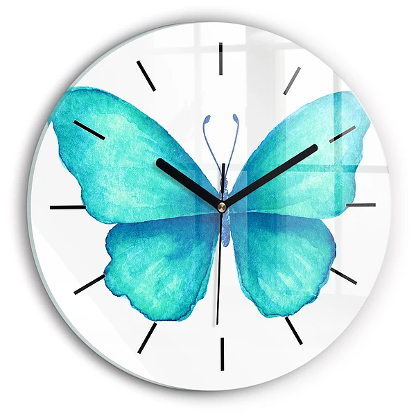 Wanduhr glas rund Türkisfarbener Sommerschmetterling