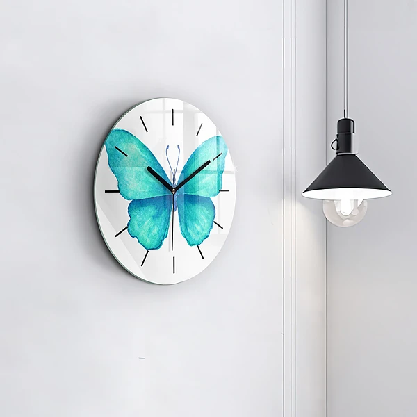 Wanduhr glas rund Türkisfarbener Sommerschmetterling