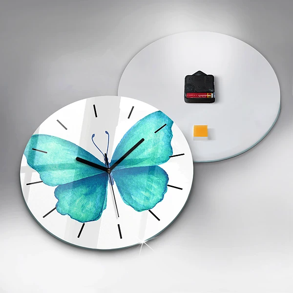 Wanduhr glas rund Türkisfarbener Sommerschmetterling