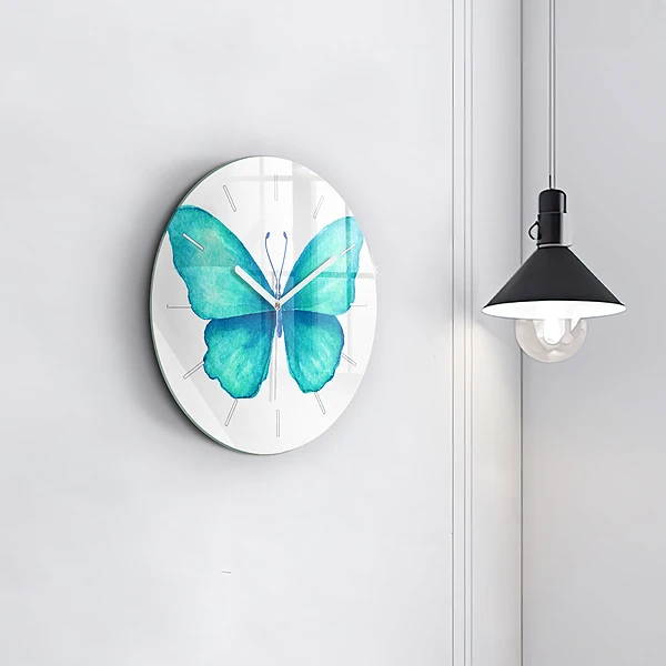 Wanduhr glas rund Türkisfarbener Sommerschmetterling