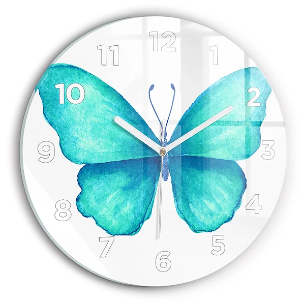 Wanduhr glas rund Türkisfarbener Sommerschmetterling