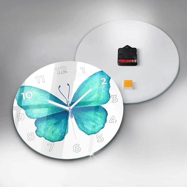 Wanduhr glas rund Türkisfarbener Sommerschmetterling