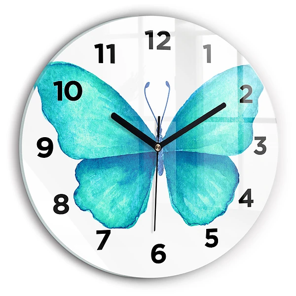 Wanduhr glas rund Türkisfarbener Sommerschmetterling