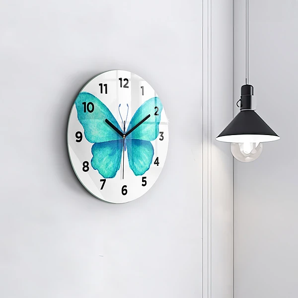 Wanduhr glas rund Türkisfarbener Sommerschmetterling