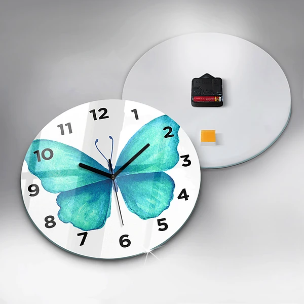 Wanduhr glas rund Türkisfarbener Sommerschmetterling