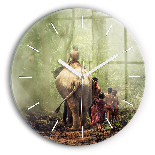Wanduhr rund mit motiv Kinder führen einen Elefanten
