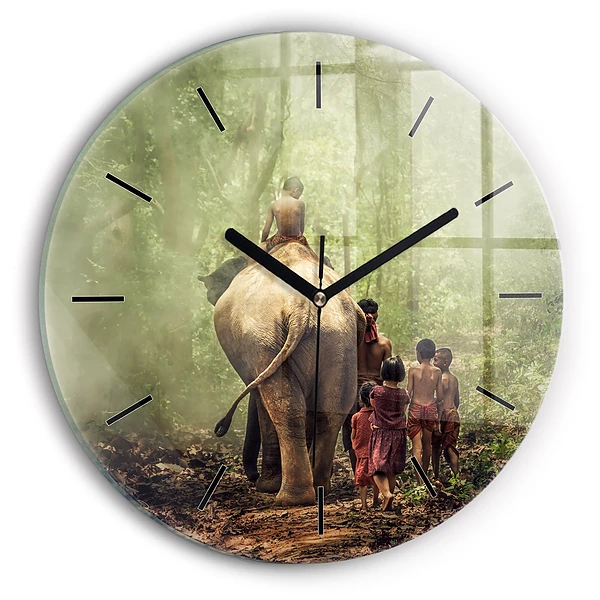 Wanduhr rund mit motiv Kinder führen einen Elefanten