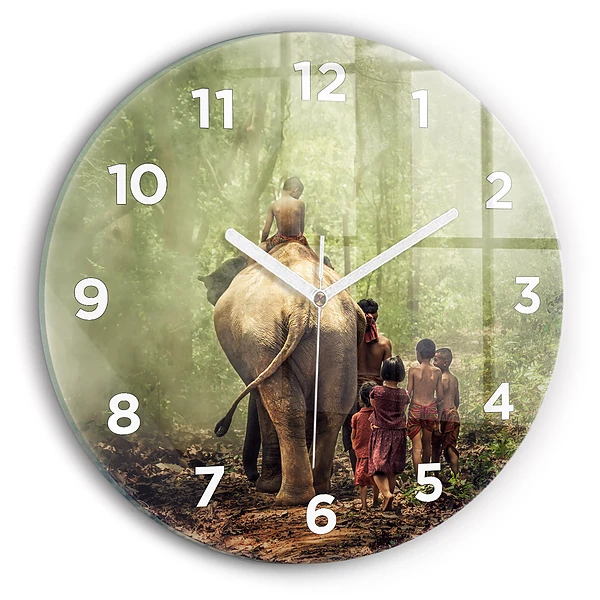Wanduhr rund mit motiv Kinder führen einen Elefanten