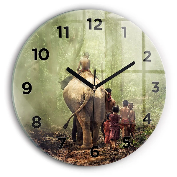 Wanduhr rund mit motiv Kinder führen einen Elefanten
