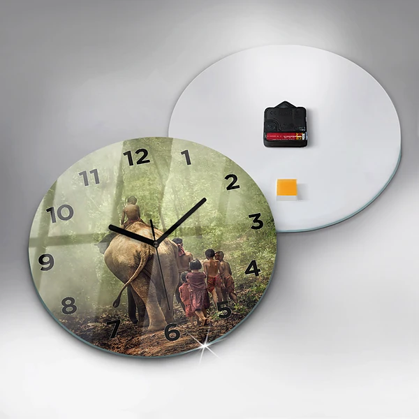 Wanduhr rund mit motiv Kinder führen einen Elefanten