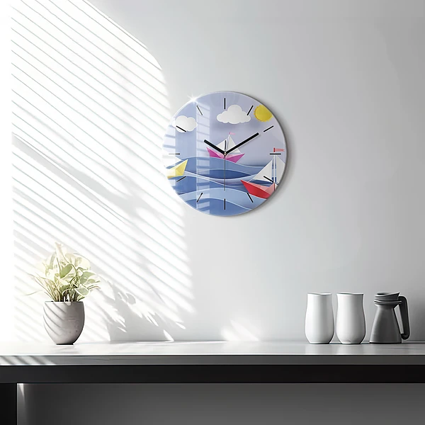 Wanduhr rund Origami bunte Segelboote