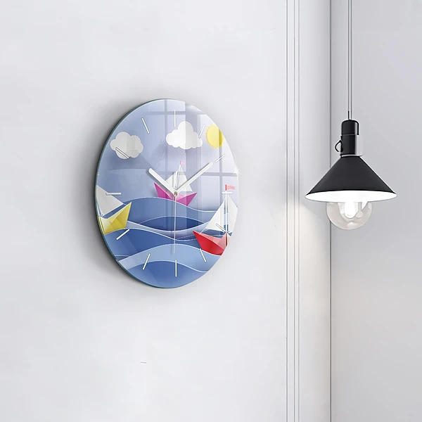 Wanduhr rund Origami bunte Segelboote