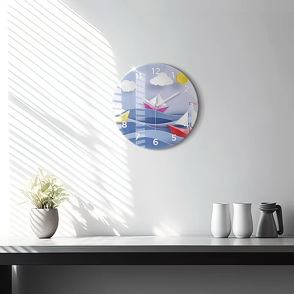 Wanduhr rund Origami bunte Segelboote