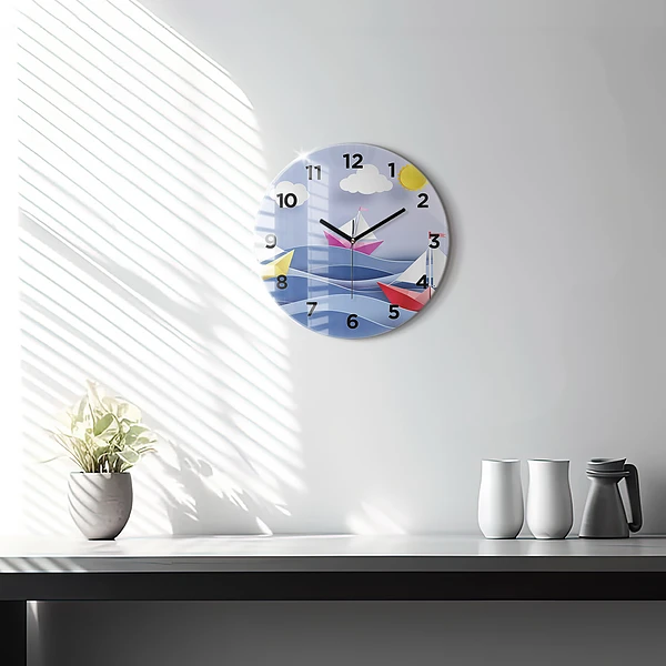 Wanduhr rund Origami bunte Segelboote