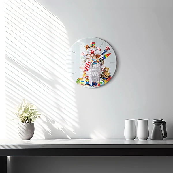 Wanduhr glas rund Weidenkorb mit Spielzeug