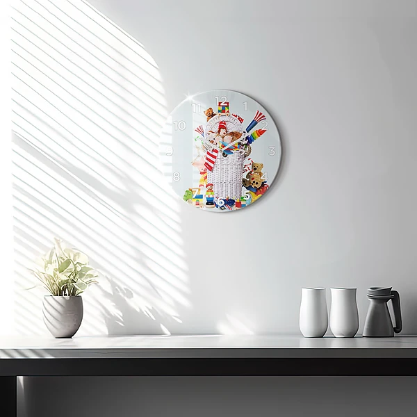 Wanduhr glas rund Weidenkorb mit Spielzeug