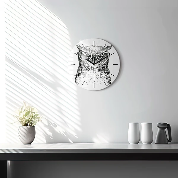 Wanduhr rund Gezeichnete Eule mit Brille