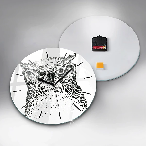 Wanduhr rund Gezeichnete Eule mit Brille