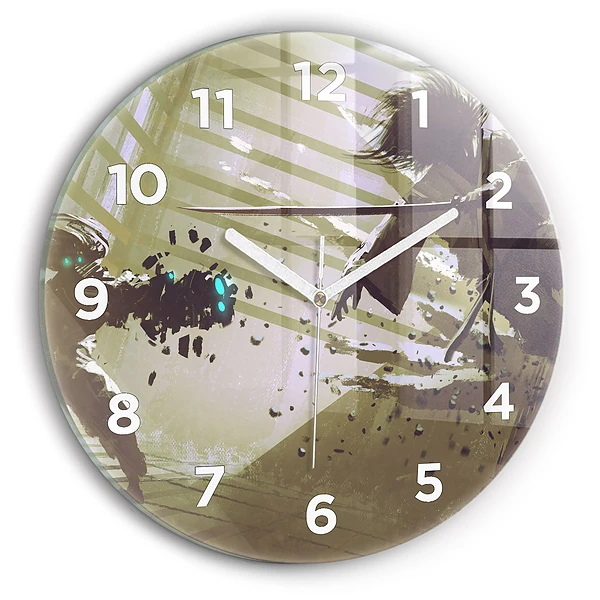 Wanduhr rund mit motiv Kampf zwischen Roboter und Samurai