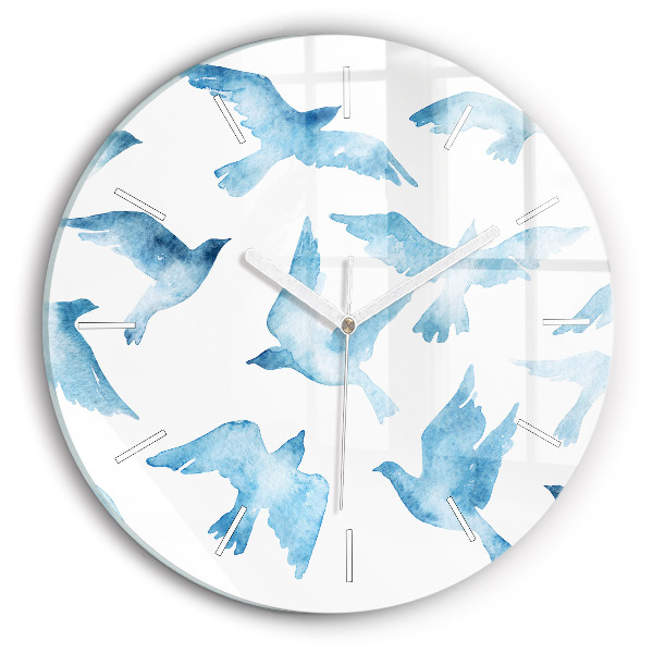 Wanduhr glas rund Fliegende blaue Vögel