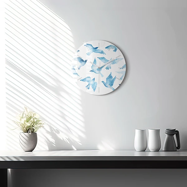 Wanduhr glas rund Fliegende blaue Vögel