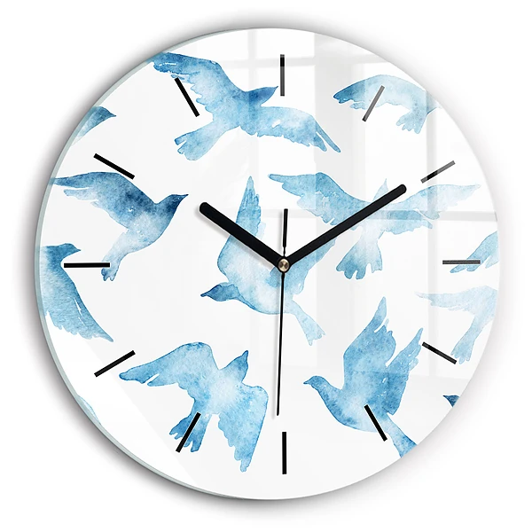Wanduhr glas rund Fliegende blaue Vögel