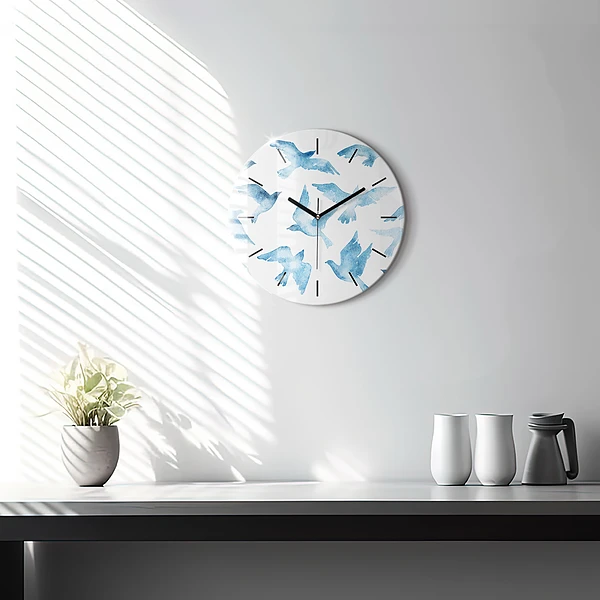 Wanduhr glas rund Fliegende blaue Vögel