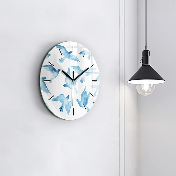 Wanduhr glas rund Fliegende blaue Vögel