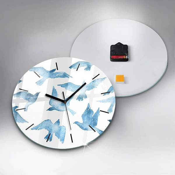 Wanduhr glas rund Fliegende blaue Vögel