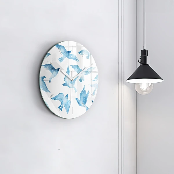 Wanduhr glas rund Fliegende blaue Vögel