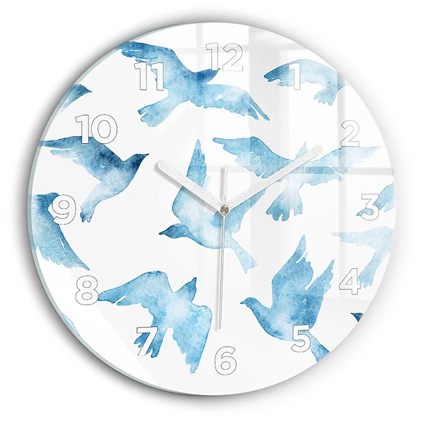 Wanduhr glas rund Fliegende blaue Vögel