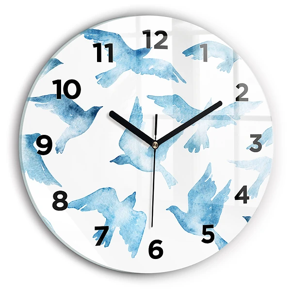 Wanduhr glas rund Fliegende blaue Vögel