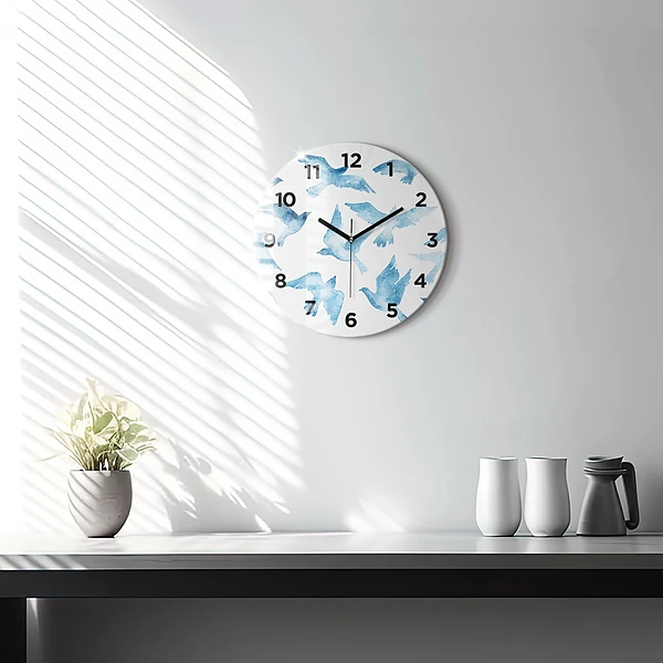 Wanduhr glas rund Fliegende blaue Vögel