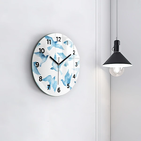 Wanduhr glas rund Fliegende blaue Vögel