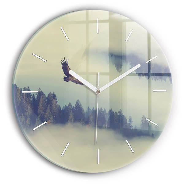 Wanduhr glas rund Nebliger Wald Adler