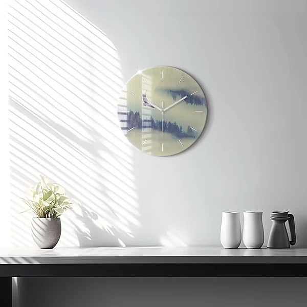 Wanduhr glas rund Nebliger Wald Adler