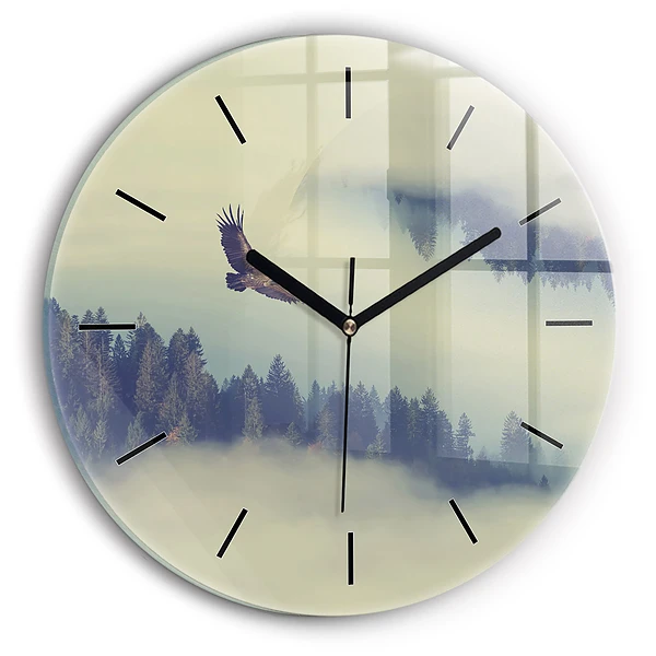 Wanduhr glas rund Nebliger Wald Adler