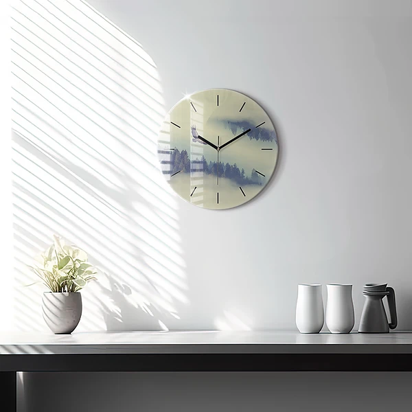 Wanduhr glas rund Nebliger Wald Adler