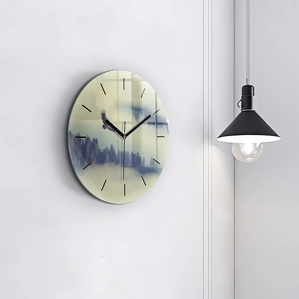Wanduhr glas rund Nebliger Wald Adler