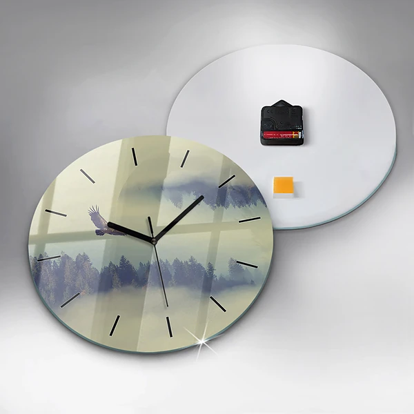 Wanduhr glas rund Nebliger Wald Adler