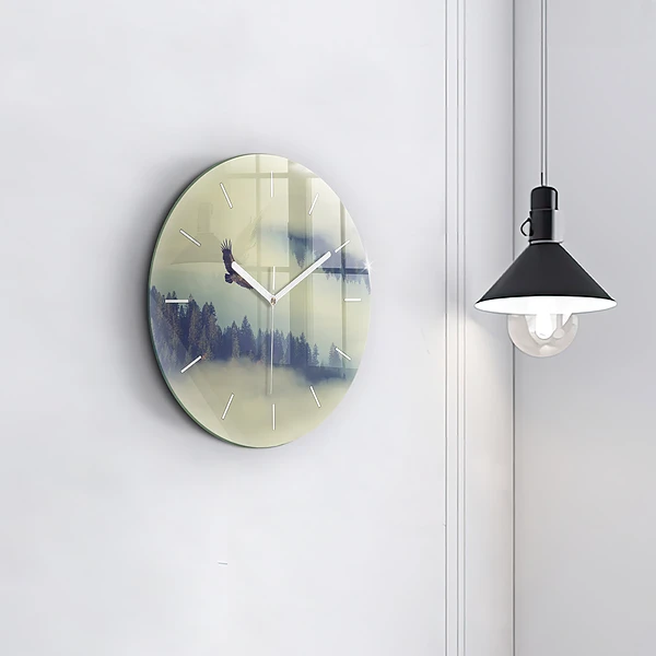 Wanduhr glas rund Nebliger Wald Adler