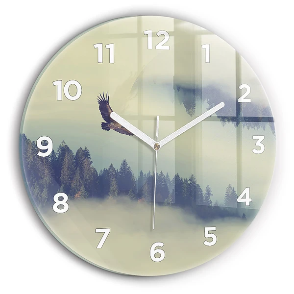 Wanduhr glas rund Nebliger Wald Adler