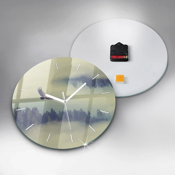 Wanduhr glas rund Nebliger Wald Adler